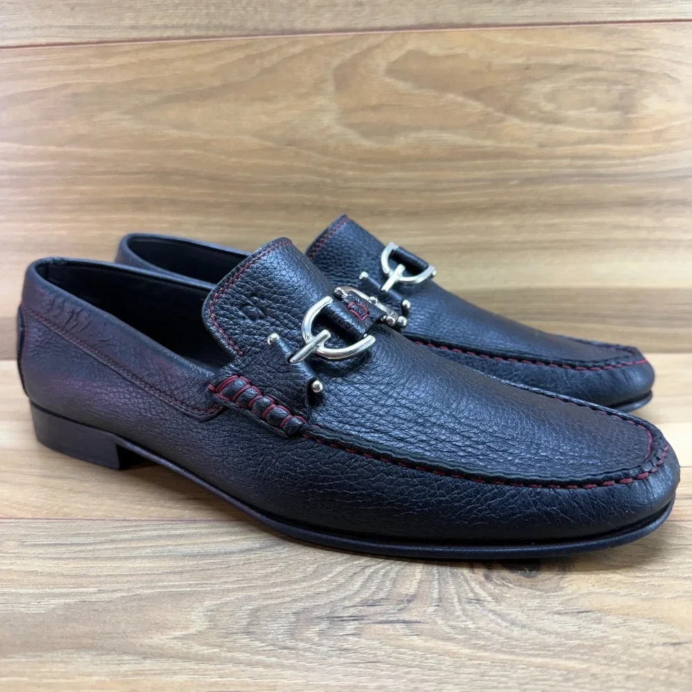 Donald J Pliner Bit Loafers Mens 11 M Black Pebble Leather Moc Toe Red Stitching